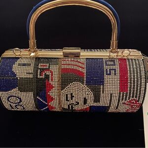 Colorful Rhinestone Clutch with Gold/Blue Handle. 8x4 round